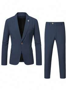 Calvornis 男士休闲商务两件套西装，纯色西装套装夹克和裤子，简约时尚休闲日常穿着婚礼西装舞会西装男士，适合情人节周年纪念日等场合，是送给男朋友或丈夫的绝佳礼物。 - 藏蓝色 - 查看 4