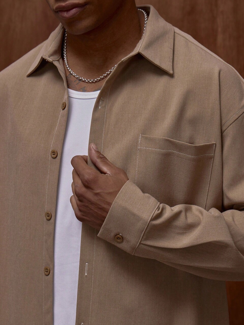 Oversized Long Sleeve Premium Button Through Contrast Stitch Front Pocket Shirt Top Only Fall/SPRING SUMMER