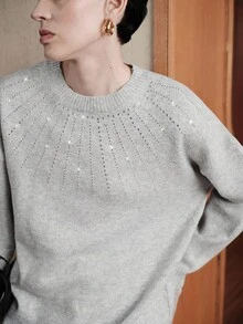 Uhlyne Uhlyne Minimalist Grey Knitted Women Sweater, Long Sleeve Crew Neck, Simple Commuting Fashion Office Church Wedding Party Comfortable Teacher Sweater With Rhinestones, Autumn/Winter
