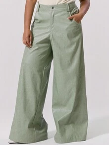 MUSERA 大码水洗仿皮阔腿裤，优雅可爱性感街头风，适合夜间外出、曲线身材，夏季休闲百搭 - 綠色 - 查看 2