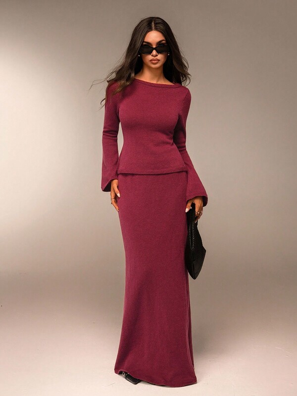 Avantive Fall&Winter Halloween Christmas New Year Going Out Graduation Prom Elegant Formal Luxury Chic Business Casual Birthday/Office Outfits/Country Concert/Club Outfits Sexy/Western/Work Clothes/Streetwear/Vintage/Festival/Cocktail/Rave/Prom/Hawaii/Airport/Funny/Basic/Brunch Outfits/2000s Style/Bodycon/Old Money Style/Church/Homecoming/Classy/Party/Modest/Date Night/ Burgundy/Top Paired With Mini Skirt 2 Pieces Set Kintted Sweater  Autumn/Winter/ Sleeve Sweater & Extra Long Knit Skirt 2 Pieces Set