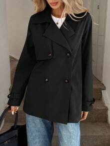 Easowa 女式休闲纯色风衣 - 黑色 - 查看 5