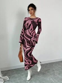 Elenzga Women's Sweater Dress With Flare Sleeves - Dusty Pink - View 3
