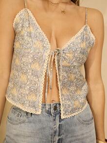 Aralina Fall V Neck Floral Printed Tie Front Cami Top With Lace Trim Detail For Going Out Y2K Top And Vacation
