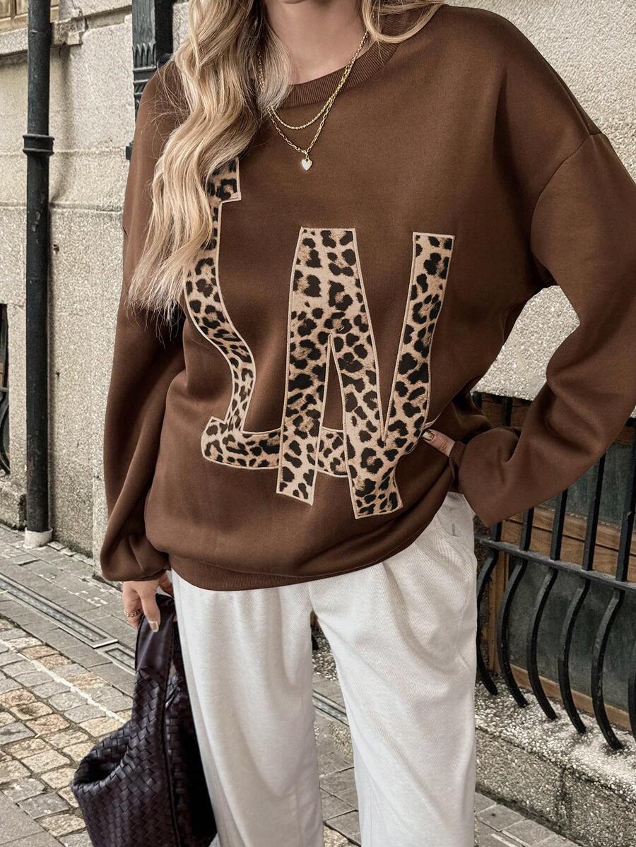 Elyressa Leopard & Letter Graphic Drop Shoulder Sweatshirt Fall Cloth For Women - Coffee Brown - View 1