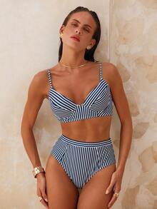 Swim Chiccia Striped V-Neck Spaghetti Straps Bikini Set, Two Pieces Bikini Set, Beach Outfit Bathing Suit CLEAN FIT Summer,Summer Beach - Blue and White - View 4