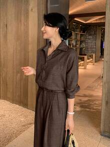 DAZY 2pcs/Set Women High-End Shirt Top & Stylish Casual Pants Suit,Fall Clothes Lounge Sets For Women - Brown - View 3