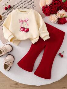 SHEIN Vintaside Kids 2pcs/Set Toddler Apricot Letter Print Long Sleeve Top And Brown Flare Pants Children Cute Comfortable Sweatshirt Outfit, Suitable For Spring/Autumn, Christmas Fall Winter