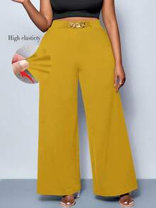 SOLERSUN Celana Panjang Wanita Ukuran Besar Warna Kuning Mustard Polos dengan Detail Sabuk, Potongan Lebar, Celana Kerja Kasual Cerdas Musim Panas, Pesta, Konser, Festival Musik Musim Gugur - Mustard Yellow - View 1