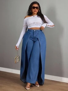 Slaydiva Pantalones rectos sin estiramiento de vaquera azul de talla grande para mujer en invierno, con parches personalizados, para rodeo