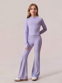 SHEIN Bộ trang phục 2 món cho bé gái tuổi teen - Áo khoác thể thao kẻ sọc tương phản màu trơn và quần ống loe ôm, Trang phục thể thao dự tiệc thời trang thường ngày phong cách học sinh, Bộ đồ màu oải hương - Màu tím hoa cà - Xem 4