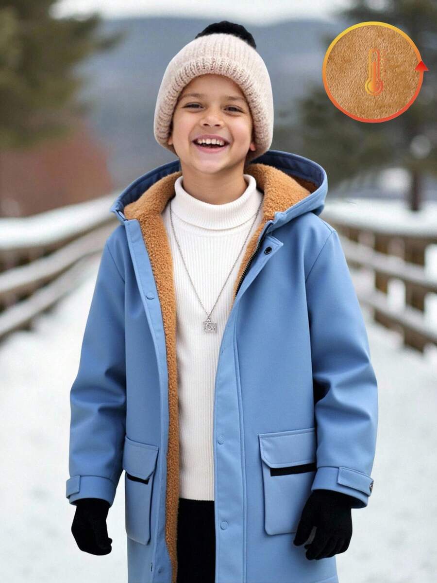 SHEIN 男童休闲保暖连帽中长款加厚梭织派克大衣，适合上学、花园、海滩、生日、春、夏、秋、冬等各种场合，也适合返校季穿着。男童冬季外套，男童蓝色外套，儿童秋季冬季夹克 - 藍色 - 查看 1