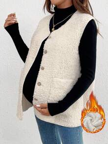 SHEIN Chaleco casual de bolsillos de un solo pecho de unicolor para maternidad en otoño e invierno - Blanco - Ver 1