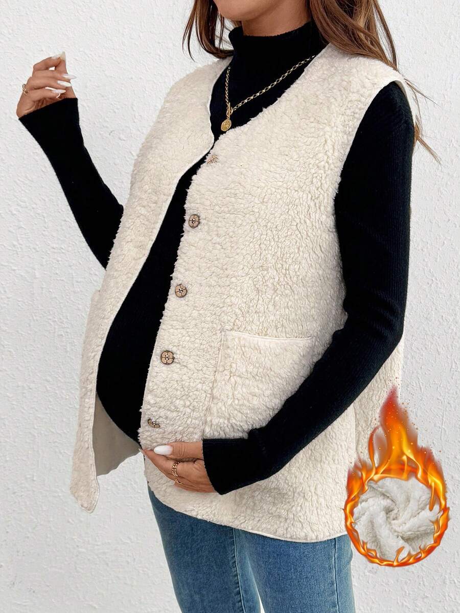 SHEIN Chaleco casual de bolsillos de un solo pecho de unicolor para maternidad en otoño e invierno - Blanco - Ver 1