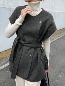 FRIFUL Women's Solid Dark Grey Lapel Sleeveless Cinched Waist Waist Slit Side Casual Versatile Woolen Autumn Dress Jacket Women Coats - Grey - View 5