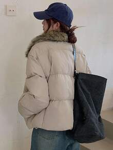 DAZY 宽松短款领拼布仿毛领夹克，女士加厚棉服，秋冬 - 卡其色 - 查看 2