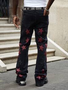 ROMWE MEN Street Life Men's Star Embroidered Layered Denim Jeans - Black - View 3