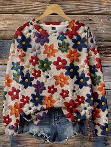 EMERY ROSE Casual Versatile Autumn Maple Leaf Textured Print Plus Size Women Sweatshirt, Suitable For ,Spring - Multicolor - View 5