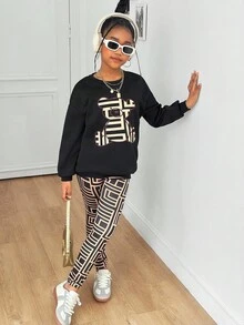 SHEIN 青少年女孩休闲针织圆领长袖上衣和慢跑裤套装 - 黑色 - 查看 4