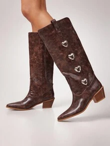 SHUZIA Cizme damă cu toc gros, înălțime medie, stil boho, stil western, sexy, casual, confortabile, vintage, PU, maro