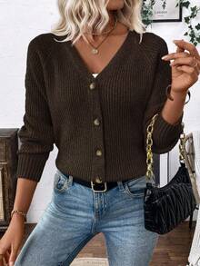 EMERY ROSE Versatile V-Neck Cardigan Sweater, Loose Casual Minimalist Open Front Knit Jacket For Women - Coffee Brown - View 5