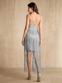 Anewsta Váy tua rua quấn băng dành cho nữ, Đầm maxi dự tiệc gợi cảm phong cách Y2K, Đầm ôm body cổ chữ V không tay thanh lịch - Xám - Xem 2