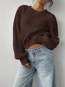 SHEIN BASICS 女士纯色圆领长袖休闲宽松针织毛衣，秋冬 - 咖啡棕 - 查看 5