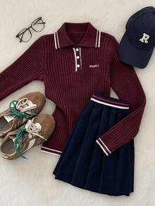 Muvela 女士休闲复古条纹翻领纽扣长袖毛衣，复古学院风，返校季，日常穿着，温暖舒适，秋季，复古风 - 酒紅色 - 查看 1