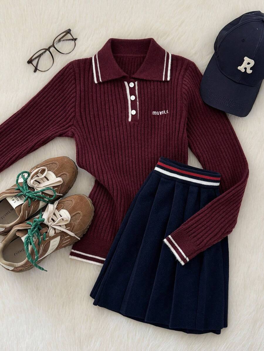 Muvela 女士休闲复古条纹翻领纽扣长袖毛衣，复古学院风，返校季，日常穿着，温暖舒适，秋季，复古风 - 酒紅色 - 查看 1