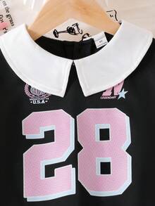 SHEIN 2pcs/Set Young Girls School Style Sweatshirt With Pleated Skirt, Black Collar Sweatshirt With Letter Print, Pink Pleated Skirt Fall Winter - Black - View 7