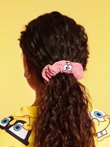 SpongeBob SquarePants | SHEIN 2Pcs Cute Embroidered Short Plush Hair Scrunchies Cartoon Large Intestine Hair Bands Elastic Hair Ties Hair Accessories For Everyday, Casual Suitable For Daily Styling High Ponytails In Yellow And Pink Patrick