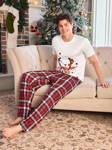 Manfinity Cartoon Christmas Reindeer Print Short Sleeve Pajama Set For Men Matching Couple Pajama Set Men Pjs Set Sleep Wear Sets Reindeer Pajama Set Christmas Pjs - Multicolor - View 5