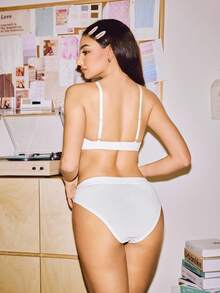 SHEIN Y2K Style Elastic Seamless Triangle Cup Ribbed Comfortable Scalloped Trim High Waist Camisole & Panty Set For Women - White - View 3