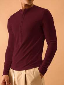 Musero Button Placket Long Sleeve Rib Top Summer Streetstyle Vacation Casual Spring&Summer - Burgundy - View 2