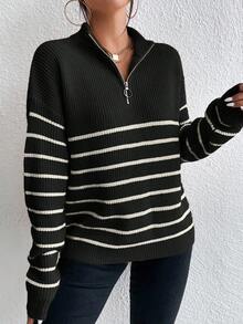 女士秋季条纹落肩长袖拉链休闲宽松套头衫 - 黑色 - 查看 7