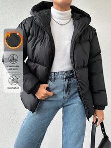 EURMUSE Zip Up Hooded Puffer Coat - Black - View 3