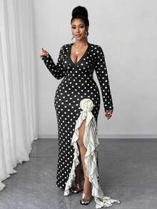 Maweii Completo da donna taglie forti in 2 pezzi: top a maniche lunghe con scollo a V a pois e gonna lunga con volant a contrasto e spacco alto, autunnale - Bianco e nero - Visualizzare 5