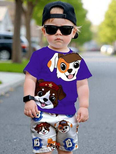 SHEIN Conjunto de 2 piezas de camiseta de manga corta con estampado gráfico de dibujos animados y pantalones cortos casuales para bebé niño, para verano