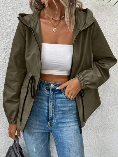 EMERY ROSE Fashionable Solid Color Drawstring Waist Hooded Jacket
