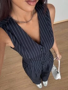 SHEIN Unity Conjunto de top sin mangas con botones frontales a rayas y pantalones largos para mujer - Azul Marino - Ver 6