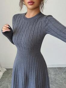 Elenzga Women's Casual Braided Knit A-Line Sweater Dress - Grey - View 3