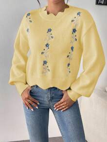 EMERY ROSE Loose Fit Floral Embroidered Sweater With Lace Collar, Autumn/Winter - Yellow - View 3