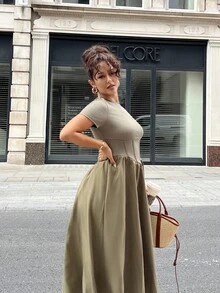 NegzBox Black Herringbone Print Mid-Length Dress,Sun Dress - Army Green - View 5