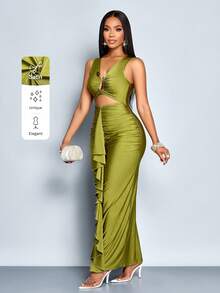 SOLERSUN Vestido ajustado de mujer con cuello en V de unicolor, decorado con metal, cintura fruncida con volantes y abertura - Verde - Ver 1