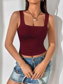 Flirla Women's Solid Color Pleated Cropped Fitted Square Neck Casual Tank Top - Burgundy - View 5