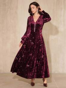 Luxury Rhinestone Embroidered Floral Velvet V-Neck Maxi Dress, Elegant For Fall, Winter, New Year, Party, Wedding - Multicolor - View 3