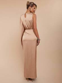 COSMINA Vestido elegante de fiesta de unicolor con abertura alta para mujer - Albaricoque - Ver 2