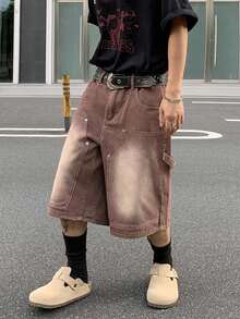 Manfinity EMRG 男士宽松口袋阔腿休闲牛仔短裤 - 咖啡棕 - 查看 7