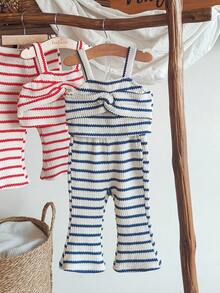 SHEIN Vintaside Kids Baby Mädchen modisches hochwertiges gestreiftes Träger Top und passendes gestreiftes weites Bein Hosen Set, perfekt für Sommer Camping, Urlaub, Lässig oder Party Anlässe - Blau - Übersicht 6