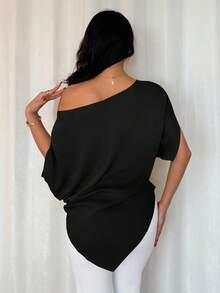 Rafferiza 优雅、日常休闲百搭，性感斜肩设计，不对称剪裁，落肩袖，腰部褶裥，绿色女士春夏上衣，衬衫，不对称肩部上衣 - 黑色 - 查看 2